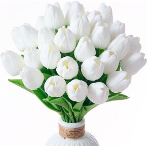 30 Pcs White Tulips Artificial Flowers Fake White Tulips Fake Tulip Flowers Real Touch 13" Silk Flower for Bulk Home Kitchen Wedding Party Valentine's Mother's Decorations(White)