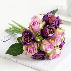 Artificial Roses Flowers 12 Heads Arrangement Silk Bouquet for Home Office Parties Bridal and Wedding Decoration (Purple)