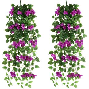2pcs Artificial Bougainvillea Hanging Flowers 40" Fake Bougainvillea Long Plants UV Resistant Faux Silk Bougainvillea Flower Vines for Wedding Porch Patio Garden Yard Outdoor Decor (Purple)