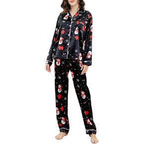 طقم بيجامات عيد الميلاد للسيدات من Wyeysyt طقم ملابس نوم من الساتان الحريري بأكمام طويلة طقم Pjs ناعم مكون من قطعتين بأزرار لأعلى مجموعات صالة عيد الميلاد المضحكة (أسود-L) in Kuwait