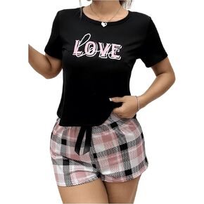 Verdusa Women's 2 Piece Pajama Set Letter Short Sleeve Tops Plaid Bowknot Shorts Pj Lounge Set