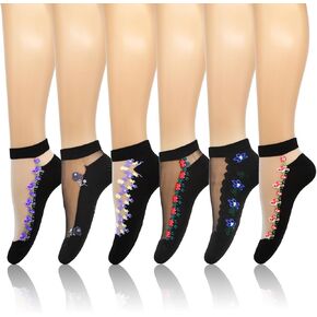 6 Pairs Floral Sheer Mesh Transparent Socks Ankle Lace Ultra Thin Fishnet See Through Jacquard Summer Socks