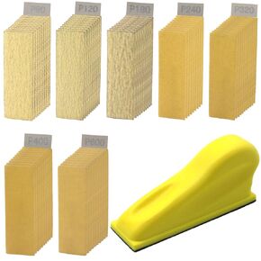 70 PCS Hand Sander Kit, 3.5" X 1"Micro Sander Finger Sander Small Sanding Tool for Tight Narrow Spaces, 80 120 180 240 320 400 600 Grit Wet Dry Hook & Loop Sandpaper for Crafts, Wood Projects, Metal