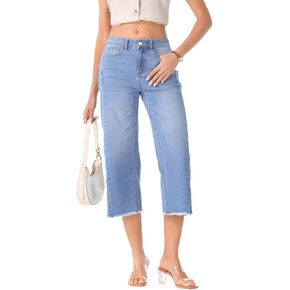 Sidefeel Women's Capri Jeans High Waisted Wide Leg Stretchy Raw Hem Side Seam Denim Pants
