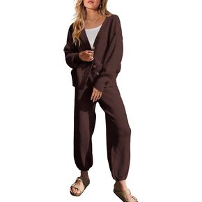 Yanekop Womens Two Piece Outfits V Neck Button Down Cardigan Sweater Sets Cozy Knit Loungewear Set