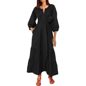 Women's Ruffle Maxi Dress Puff Sleeve Flowy Tiered Long Dress with Belt Elegant Party Dress
