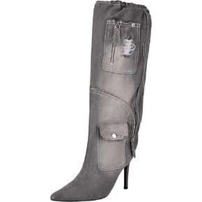 TAEPUSR Women's Stiletto Knee High Boots Denim Pull On Cowgirl Mid Calf Boots Pointed Toe Western Cowboy Boots with Pockets and Zipper Decorate