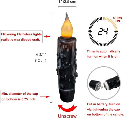 CVHOMEDECO. Real Wax Hand Dipped Battery Operated LED Timer Taper Candles Country Primitive Flameless Lights Décor, 4-3/4 Inch, Matt Black, 2 PCS in a Package in Saudi Arabia