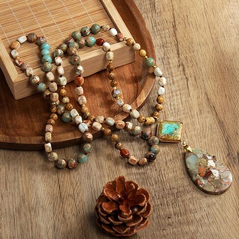Boho Necklaces for Women Men Long,33/34/35 Inch Natural Jasper Agate Tiger Eye Beaded Stone Pendant Necklaces for Women Trendy,Handmade Bohemian Western Bead Necklace Fashion Charm Jewelry Gift in Saudi Arabia