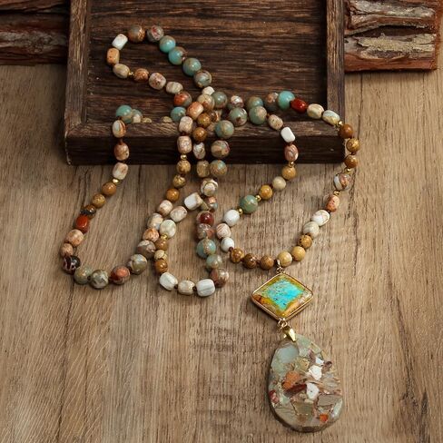 Boho Necklaces for Women Men Long,33/34/35 Inch Natural Jasper Agate Tiger Eye Beaded Stone Pendant Necklaces for Women Trendy,Handmade Bohemian Western Bead Necklace Fashion Charm Jewelry Gift in Saudi Arabia