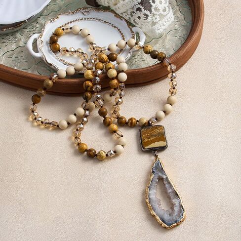 Boho Necklaces for Women Men Long,33/34/35 Inch Natural Jasper Agate Tiger Eye Beaded Stone Pendant Necklaces for Women Trendy,Handmade Bohemian Western Bead Necklace Fashion Charm Jewelry Gift in Saudi Arabia