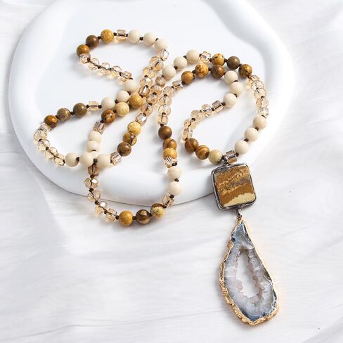 Boho Necklaces for Women Men Long,33/34/35 Inch Natural Jasper Agate Tiger Eye Beaded Stone Pendant Necklaces for Women Trendy,Handmade Bohemian Western Bead Necklace Fashion Charm Jewelry Gift in Saudi Arabia