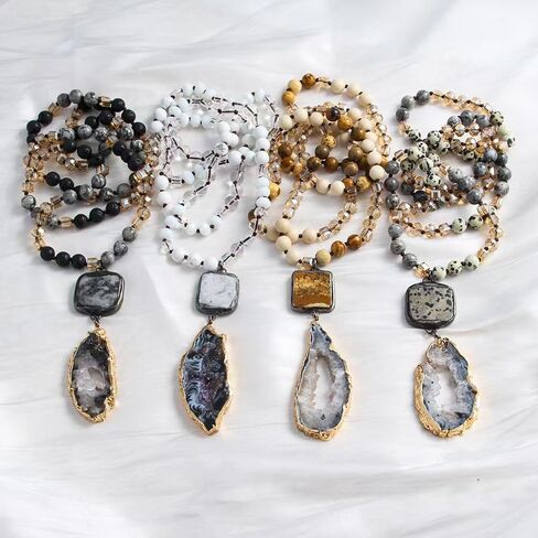 Boho Necklaces for Women Men Long,33/34/35 Inch Natural Jasper Agate Tiger Eye Beaded Stone Pendant Necklaces for Women Trendy,Handmade Bohemian Western Bead Necklace Fashion Charm Jewelry Gift in Saudi Arabia