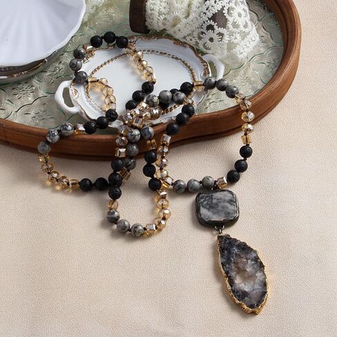 Boho Necklaces for Women Men Long,33/34/35 Inch Natural Jasper Agate Tiger Eye Beaded Stone Pendant Necklaces for Women Trendy,Handmade Bohemian Western Bead Necklace Fashion Charm Jewelry Gift in Saudi Arabia