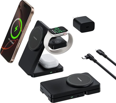 3-in-1 Travel Wireless Charging Station with Compatibility for iPhone 15/14/13/12/11/X/8 Series, Includes Apple Watch and AirPods Charger – Fast Magnetic Charging Stand for Multiple Devices (White) in Saudi Arabia