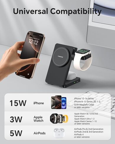 3-in-1 Travel Wireless Charging Station with Compatibility for iPhone 15/14/13/12/11/X/8 Series, Includes Apple Watch and AirPods Charger – Fast Magnetic Charging Stand for Multiple Devices (White) in Saudi Arabia
