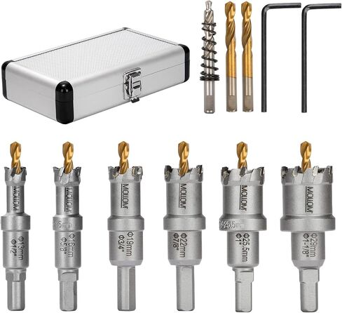 TCT Carbide Hole Saw Kit for Hard Metal 11Pcs Hole Saw(16-54mm), Extra 2xTitanium & 2xStepped Pilot Drill bits and 3Pcs Hex Key for Stainless Steel, Iron,Aluminum,Alloy,Metal in Kuwait
