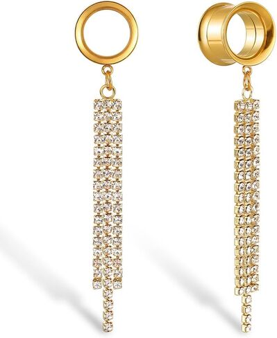 2Pcs Gold Saddle Plugs with Charm Crystals Chain Dangle Gauges Piercing Jewelry for Daily and Wedding, Surgical Steel Size 2g - 1 inch Ear Plugs Tunnels Gauges for Ears Stretching Expander Body Jewelry in Saudi Arabia