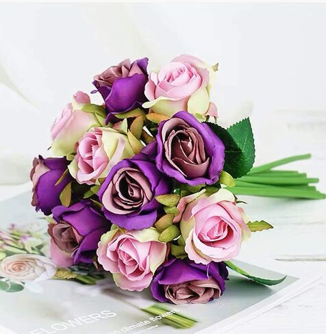 Artificial Roses Flowers 12 Heads Arrangement Silk Bouquet for Home Office Parties Bridal and Wedding Decoration (Purple) in Saudi Arabia