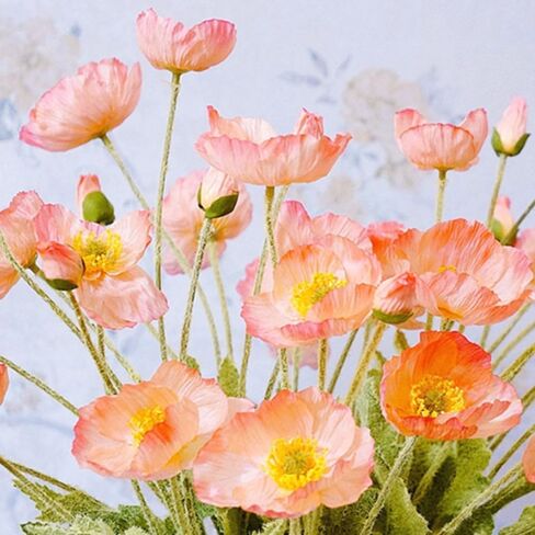 6 Pcs Silk Artificial Poppy Faux Flowers Home Decor, Faux Poppy Flower Centerpiece. Artificial Plants Coral Flower Arrangement. Silk Flowers for Decoration (Mixed Colors) in Kuwait