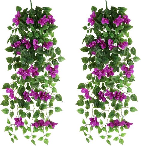 2pcs Artificial Bougainvillea Hanging Flowers 40" Fake Bougainvillea Long Plants UV Resistant Faux Silk Bougainvillea Flower Vines for Wedding Porch Patio Garden Yard Outdoor Decor (Purple) in Saudi Arabia