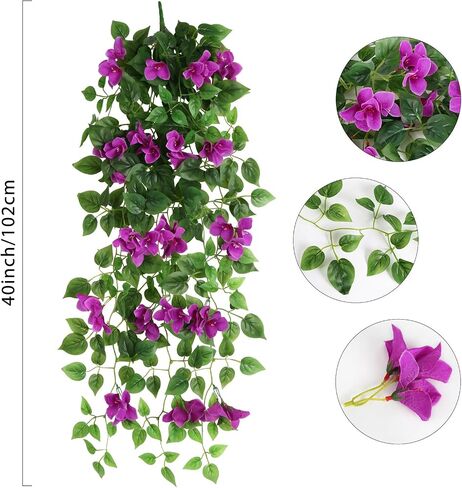 2pcs Artificial Bougainvillea Hanging Flowers 40" Fake Bougainvillea Long Plants UV Resistant Faux Silk Bougainvillea Flower Vines for Wedding Porch Patio Garden Yard Outdoor Decor (Purple) in Saudi Arabia