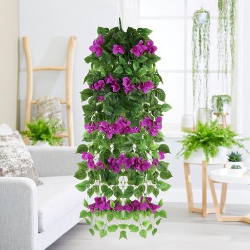 2pcs Artificial Bougainvillea Hanging Flowers 40" Fake Bougainvillea Long Plants UV Resistant Faux Silk Bougainvillea Flower Vines for Wedding Porch Patio Garden Yard Outdoor Decor (Purple) in Saudi Arabia
