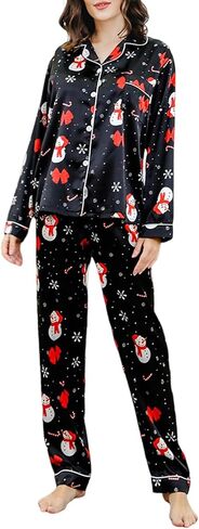 طقم بيجامات عيد الميلاد للسيدات من Wyeysyt طقم ملابس نوم من الساتان الحريري بأكمام طويلة طقم Pjs ناعم مكون من قطعتين بأزرار لأعلى مجموعات صالة عيد الميلاد المضحكة (أسود-L) in Kuwait
