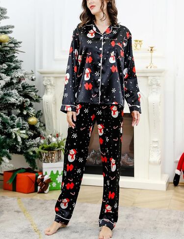 طقم بيجامات عيد الميلاد للسيدات من Wyeysyt طقم ملابس نوم من الساتان الحريري بأكمام طويلة طقم Pjs ناعم مكون من قطعتين بأزرار لأعلى مجموعات صالة عيد الميلاد المضحكة (أسود-L) in Kuwait