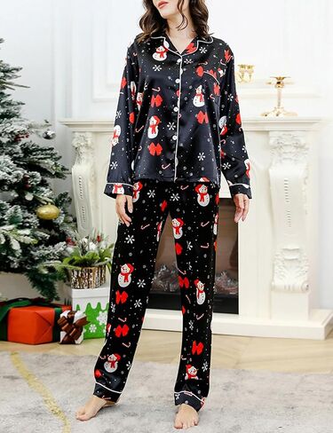 طقم بيجامات عيد الميلاد للسيدات من Wyeysyt طقم ملابس نوم من الساتان الحريري بأكمام طويلة طقم Pjs ناعم مكون من قطعتين بأزرار لأعلى مجموعات صالة عيد الميلاد المضحكة (أسود-L) in Kuwait