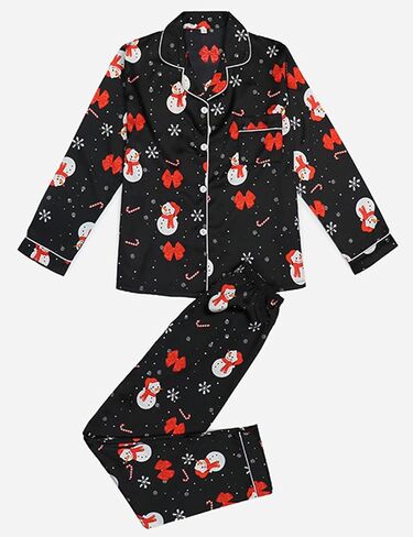 طقم بيجامات عيد الميلاد للسيدات من Wyeysyt طقم ملابس نوم من الساتان الحريري بأكمام طويلة طقم Pjs ناعم مكون من قطعتين بأزرار لأعلى مجموعات صالة عيد الميلاد المضحكة (أسود-L) in Kuwait