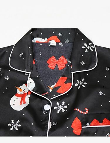 طقم بيجامات عيد الميلاد للسيدات من Wyeysyt طقم ملابس نوم من الساتان الحريري بأكمام طويلة طقم Pjs ناعم مكون من قطعتين بأزرار لأعلى مجموعات صالة عيد الميلاد المضحكة (أسود-L) in Kuwait