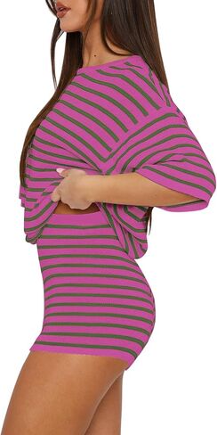 Yousify 2 Piece Sweater Set for Womens Summer Short Sleeve Tops Striped Matching Shorts Lounge Sets S-2XL in Saudi Arabia