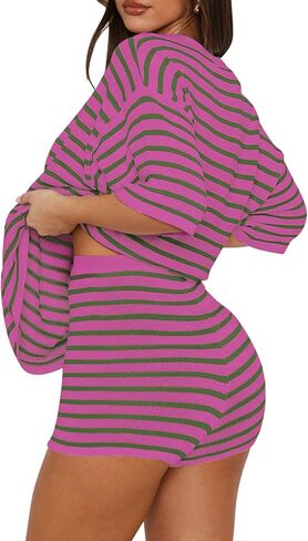 Yousify 2 Piece Sweater Set for Womens Summer Short Sleeve Tops Striped Matching Shorts Lounge Sets S-2XL in Saudi Arabia