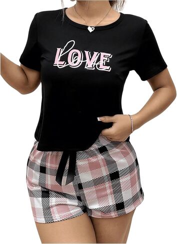 Verdusa Women's 2 Piece Pajama Set Letter Short Sleeve Tops Plaid Bowknot Shorts Pj Lounge Set in Saudi Arabia