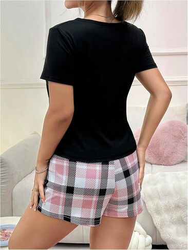 Verdusa Women's 2 Piece Pajama Set Letter Short Sleeve Tops Plaid Bowknot Shorts Pj Lounge Set in Saudi Arabia