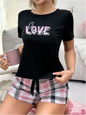 Verdusa Women's 2 Piece Pajama Set Letter Short Sleeve Tops Plaid Bowknot Shorts Pj Lounge Set in Saudi Arabia