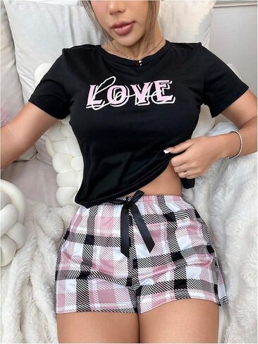 Verdusa Women's 2 Piece Pajama Set Letter Short Sleeve Tops Plaid Bowknot Shorts Pj Lounge Set in Saudi Arabia