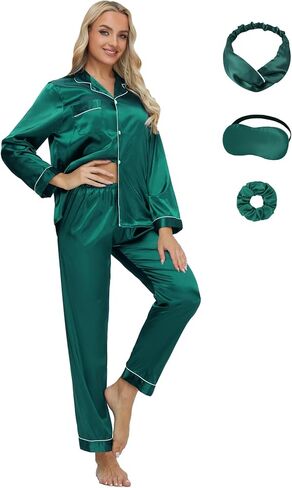 طقم بيجامة حريمي حريري مع عصابة رأس وربطة شعر معصوب العينين وأكمام طويلة من الساتان الناعم بأزرار للأسفل طقم Pj ملابس للاستلقاء in Kuwait