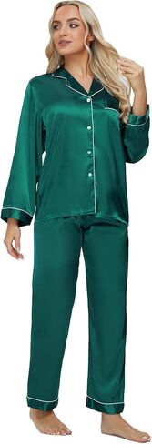 طقم بيجامة حريمي حريري مع عصابة رأس وربطة شعر معصوب العينين وأكمام طويلة من الساتان الناعم بأزرار للأسفل طقم Pj ملابس للاستلقاء in Kuwait