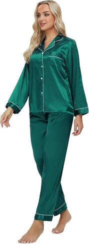 طقم بيجامة حريمي حريري مع عصابة رأس وربطة شعر معصوب العينين وأكمام طويلة من الساتان الناعم بأزرار للأسفل طقم Pj ملابس للاستلقاء in Kuwait