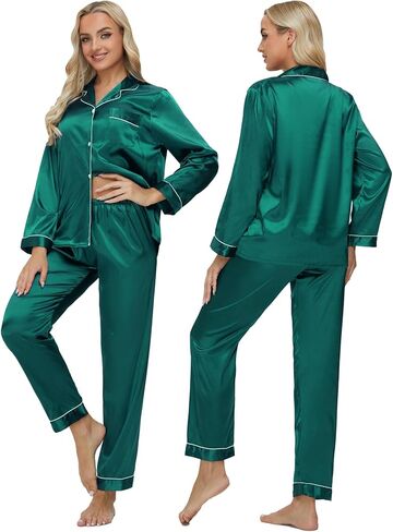 طقم بيجامة حريمي حريري مع عصابة رأس وربطة شعر معصوب العينين وأكمام طويلة من الساتان الناعم بأزرار للأسفل طقم Pj ملابس للاستلقاء in Kuwait