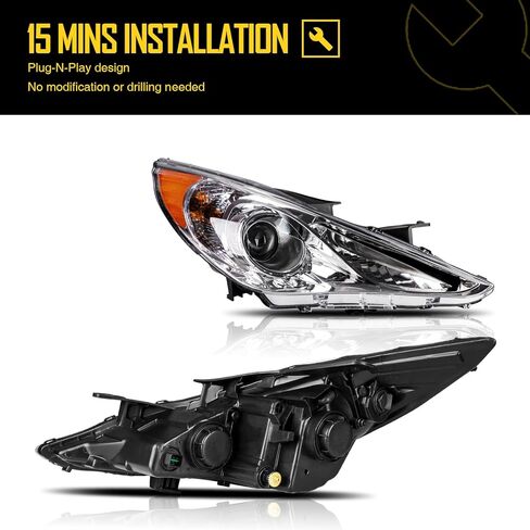 مجموعة المصابيح الأمامية، زوج واحد من مجموعة المصابيح الأمامية الأمامية من الكروم الكهرماني لـ 2011 2012 2013 2014 Sonata GLS/Limited/SE (باستثناء الهجين)، مجموعة المصابيح الأمامية in Kuwait