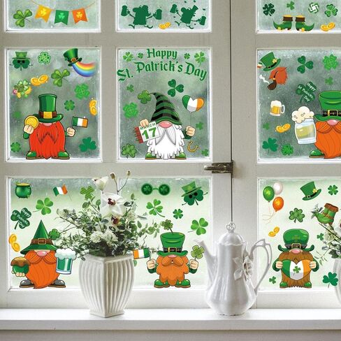 St Patricks Day Window Clings Decorations - 139Pcs Luck Shamrock Green Gnome Truck Faceless Elderly Elf Window Stickers Decor for Party School Home Office Spring Irish Supplies in Kuwait