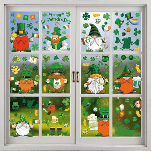 St Patricks Day Window Clings Decorations - 139Pcs Luck Shamrock Green Gnome Truck Faceless Elderly Elf Window Stickers Decor for Party School Home Office Spring Irish Supplies in Kuwait