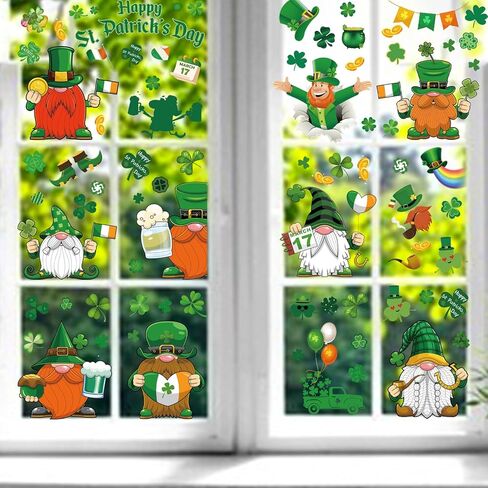 St Patricks Day Window Clings Decorations - 139Pcs Luck Shamrock Green Gnome Truck Faceless Elderly Elf Window Stickers Decor for Party School Home Office Spring Irish Supplies in Kuwait