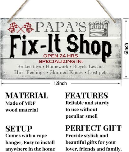 لافتة ذات طراز عتيق، متجر Papa's Fix-It، مفتوح 24 ساعة. لافتة خشبية معلقة لتزيين المنزل، لافتة فنية جدارية خشبية مطبوعة، متجر هدايا للأب، هدية بابا، هدية عيد الأب للجد 12x6 بوصة in Saudi Arabia