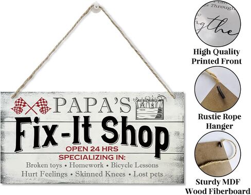 لافتة ذات طراز عتيق، متجر Papa's Fix-It، مفتوح 24 ساعة. لافتة خشبية معلقة لتزيين المنزل، لافتة فنية جدارية خشبية مطبوعة، متجر هدايا للأب، هدية بابا، هدية عيد الأب للجد 12x6 بوصة in Saudi Arabia