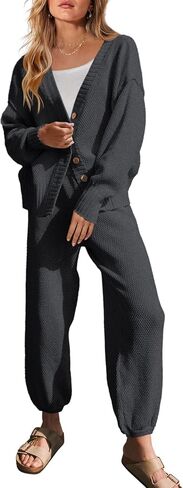 Yanekop Womens Two Piece Outfits V Neck Button Down Cardigan Sweater Sets Cozy Knit Loungewear Set in Saudi Arabia