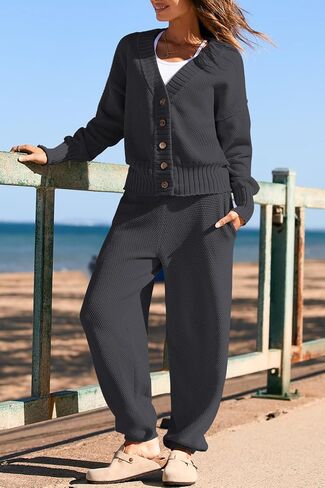 Yanekop Womens Two Piece Outfits V Neck Button Down Cardigan Sweater Sets Cozy Knit Loungewear Set in Saudi Arabia